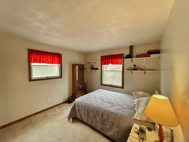 a bedroom with a bed and cabinets