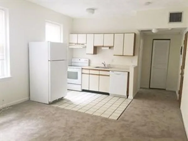 a kitchen with a sink a refrigerator and white cabinets