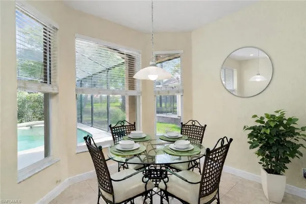 a view of a dining room with furniture window and outside view