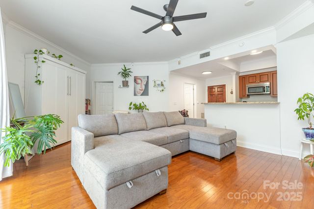 a living room with furniture and a potted plant
