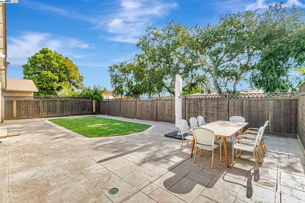 a view of a backyard with furniture and tree