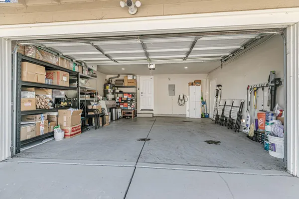 a view of a garage with storage