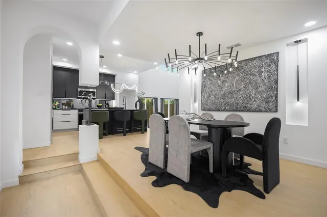 a view of a dining room with furniture