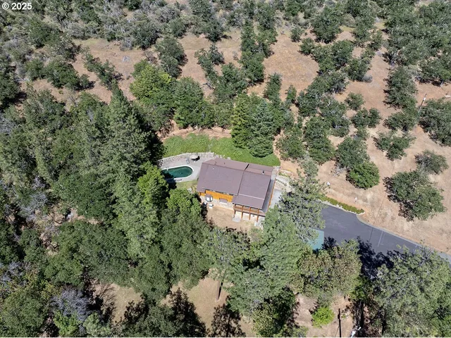 an aerial view of a house with yard and outdoor seating