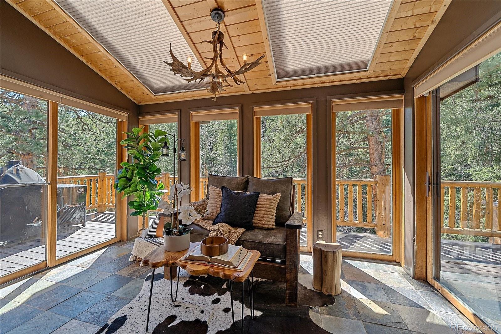 1385 Beaver Brook Canyon Road Evergreen, CO 80439 - Photo 16 of 49 a living room with furniture and floor to ceiling windows