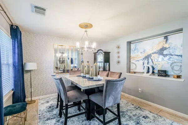 a view of a dining room with furniture window and outside view