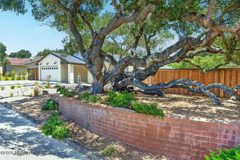 a view of a house with a yard and large trees