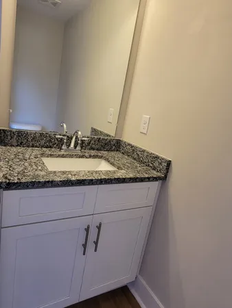 a bathroom with a granite countertop sink and a mirror