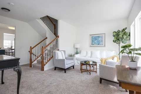 a living room with couches and a potted plant on a table