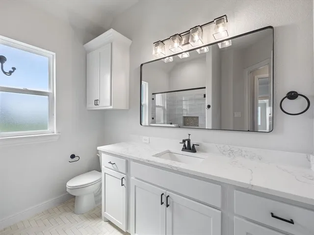 a bathroom with a toilet sink a mirror and vanity