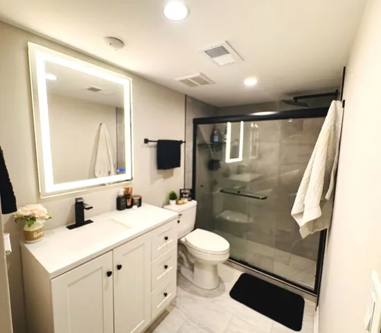 a bathroom with a double vanity sink toilet mirror and shower