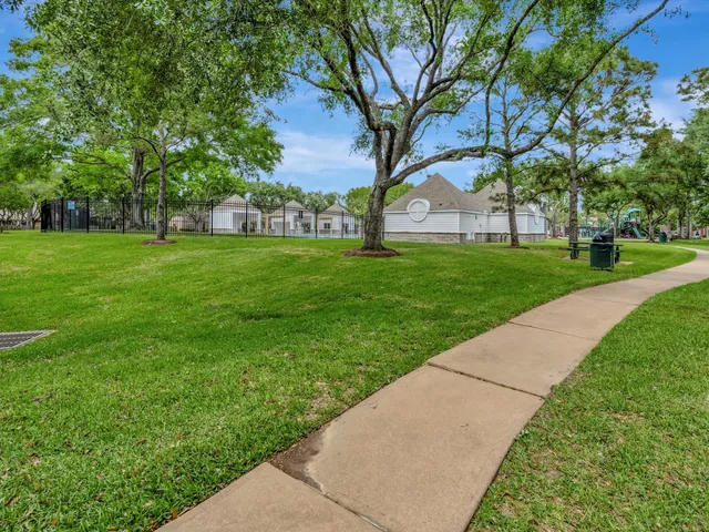 a view of a park with large trees