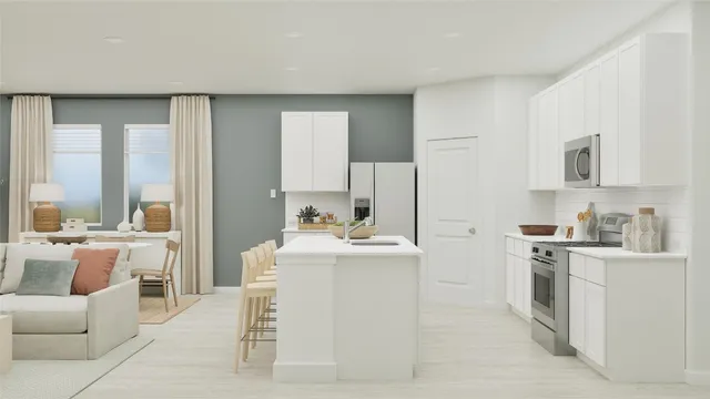 a living room with kitchen island furniture and a fireplace