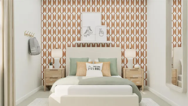 a bedroom with a bed and a lamp next to a window