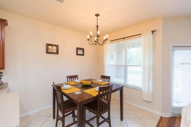 a view of a dining room with furniture window and outside view