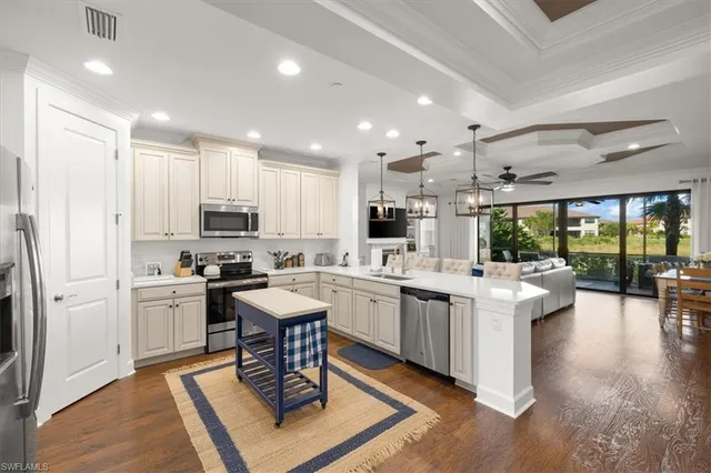 a kitchen with appliances a sink a counter top space and living room view