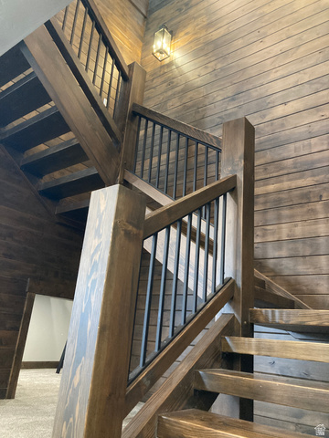 259 Meadow Drive Springville, UT 84663 - Photo 44 of 62 Stairway featuring wood walls and wooden ceiling