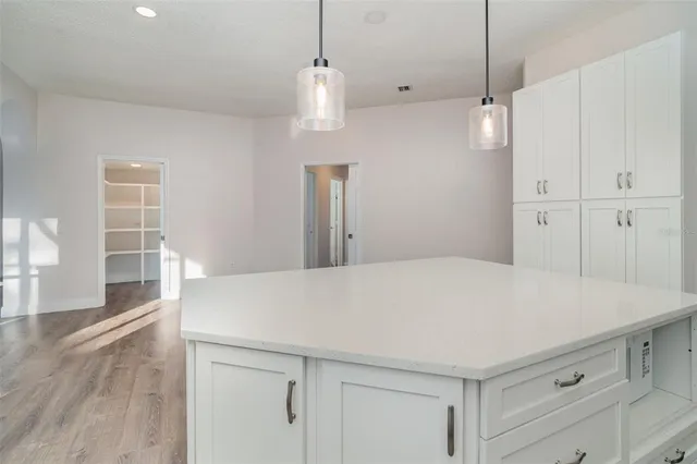 a view of a kitchen with furniture and wooden floor
