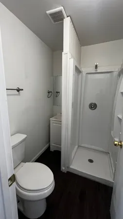 a bathroom with a toilet and a shower