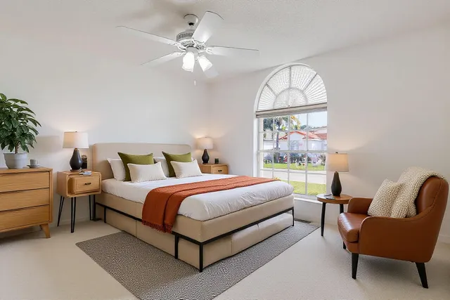 a bed room with a bed and a chair