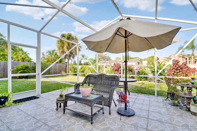 a view of an outdoor sitting area with golf course
