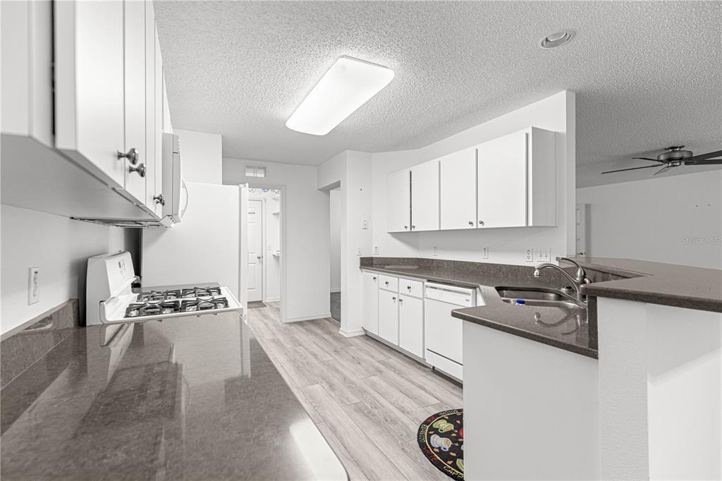 9614 Southwest 93rd Loop Ocala, FL 34481 - Photo 21 of 45 a kitchen with granite countertop a stove a sink and white cabinets with wooden floor