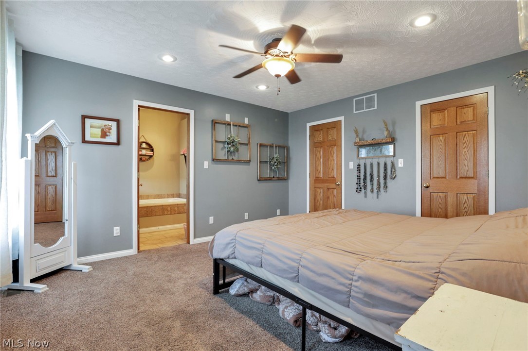 3483 Cooper Road Cumberland, OH 43732 - Photo 11 of 50 Bedroom with carpet flooring, ensuite bath, ceiling fan, and a textured ceiling