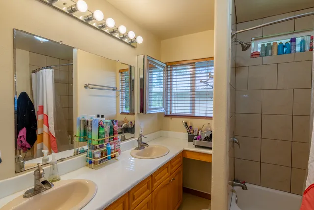 a bathroom with a double vanity sink a mirror and a bathtub