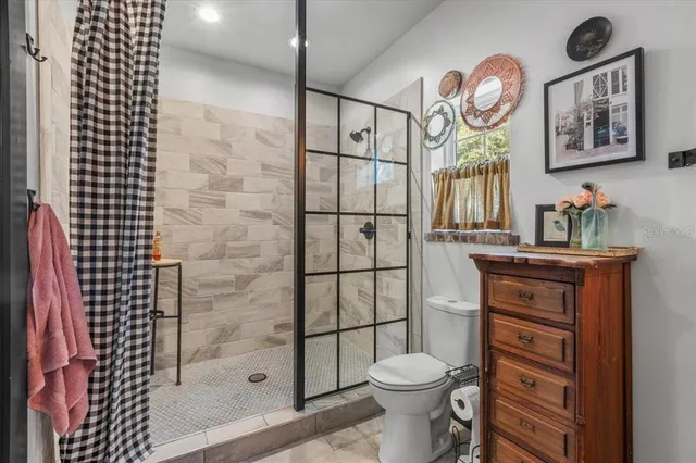 a view of a park with large trees