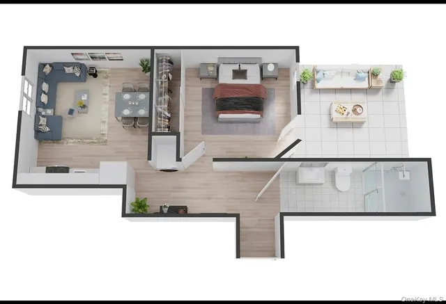 a picture of a living room with a baby crib