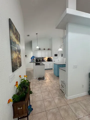 a kitchen with stainless steel appliances a counter top space cabinets and a potted plant