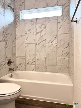 a bathroom with a bathtub and a toilet