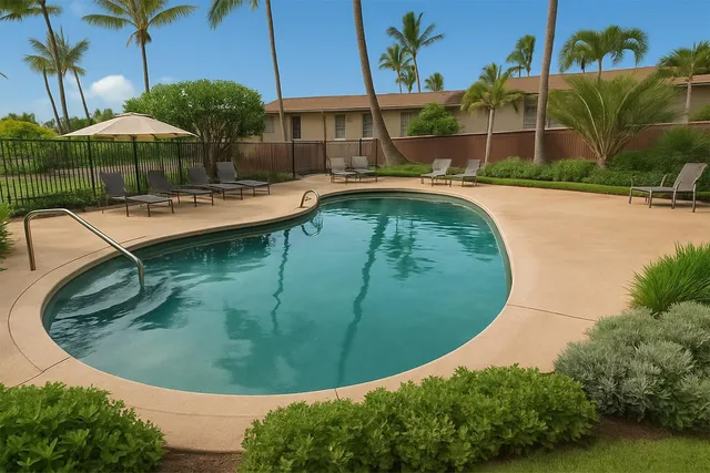 a view of a swimming pool with a yard and plants