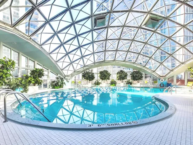 a view of a swimming pool with a yard