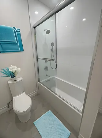 a bathroom with a toilet and a shower