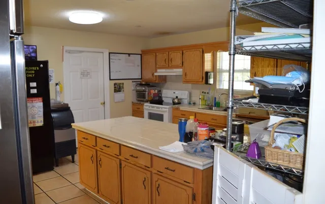 a kitchen with lots of counter top space