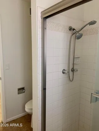 a bathroom with a shower and toilet