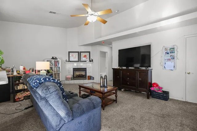 a living room with furniture a flat screen tv and a fireplace