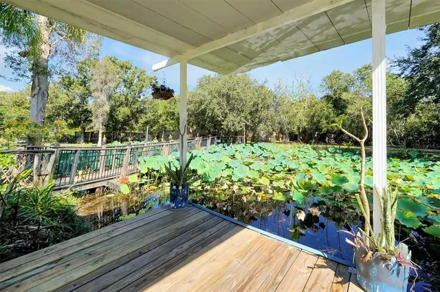 a view of a backyard with wooden fence and large trees