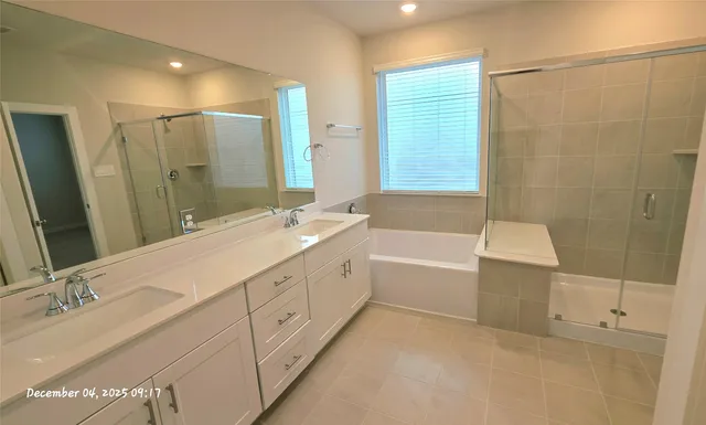a bathroom with a double vanity sink mirror double and bathtub