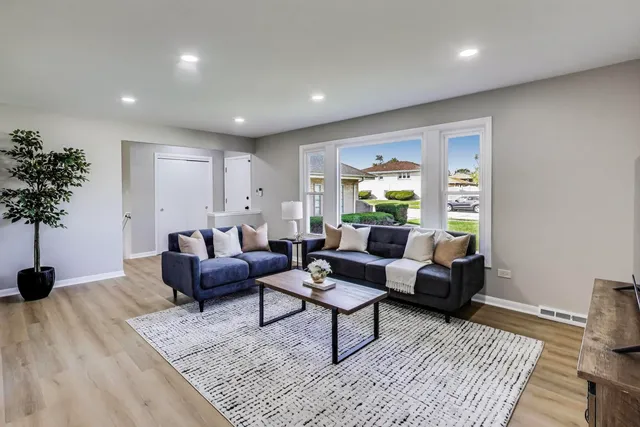 a living room with furniture and a potted plant