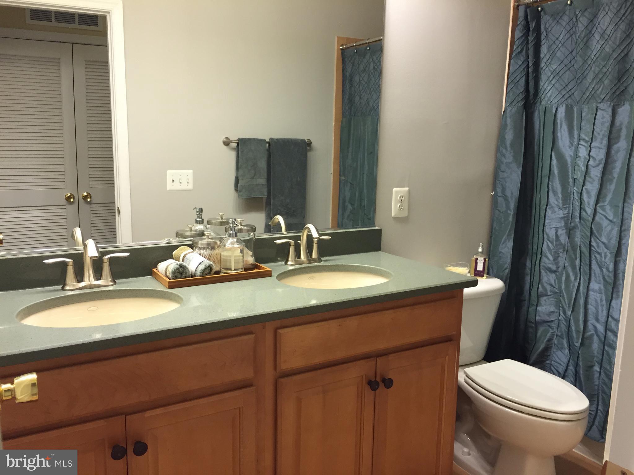 12432 Liberty Bridge Road, Unit A Fairfax, VA 22033 - Photo 13 of 14 a bathroom with a granite countertop sink a toilet and a mirror