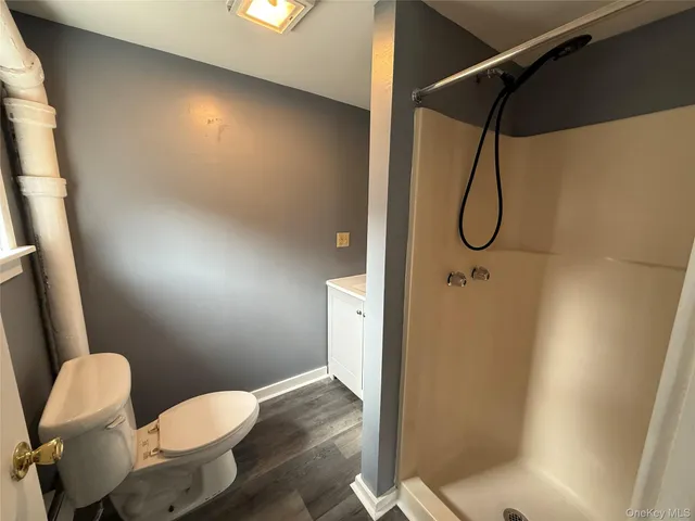 a bathroom with a toilet and shower