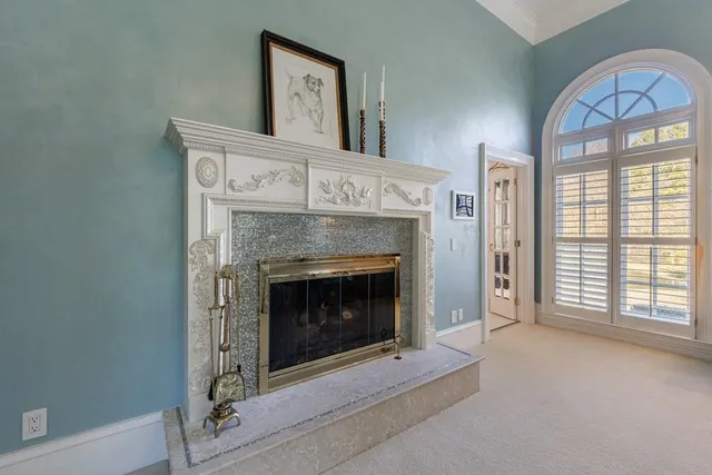 a living room with furniture a rug and a fireplace