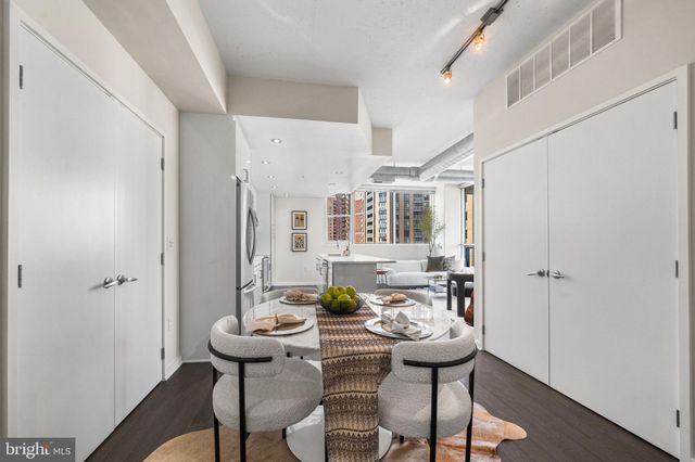 a view of a dining room with furniture