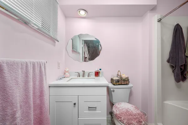 a bathroom with a sink vanity and toilet