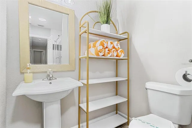 a bathroom with a sink a toilet and mirror