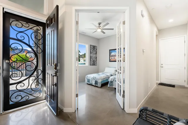 a view of a terrace with a garden and mountain view
