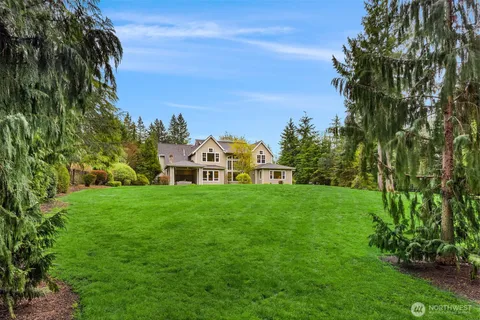 a view of a grassy field with trees in the background