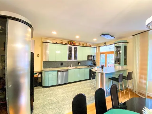 a view of a dining room with furniture